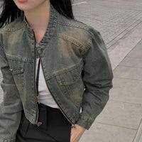 Stand Collar Double Pocket Design Loose All-matching Short Long Sleeve Denim Coat