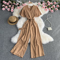 Retro Fashionable Temperament V-neck Short-sleeved Waist Jumpsuit