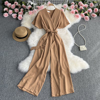 Retro Fashionable Temperament V-neck Short-sleeved Waist Jumpsuit
