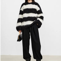 Women's Casual Round Neck Striped Artificial Mink Fur Sweater