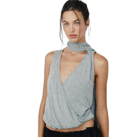 Deep V-neck Side-waist Pleated Slim-fit Tank Top With Ribbons