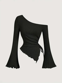 Design Sense Off-neck Long Sleeve Slim-fitting Simple Rope T-shirt