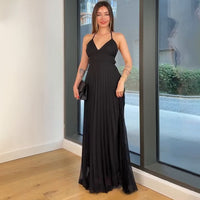 Solid Color Sleeveless V Neck Halter Backless Dress