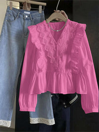 Womens Casual Solid-Color Lace-Patchwork Ruffle-Trim Long-Sleeve Top