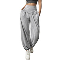 Commuter High-Waist Loose Solid-Color Pockets Drawstring Ankle Pants
