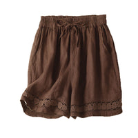 Thin Elastic-Waist Lace-up Hollowed-Out Casual Cotton-Linen Straight Pants