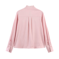 Satin Chiffon Flounce Trim Lace Up Long Sleeve Shirt