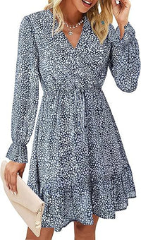 Elegant V-neck Flare-sleeve Floral Long-sleeve Dress