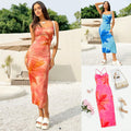 Fashionable Resort Beach Dress, Slim-Fit Printed Sleeveless Slip Dress