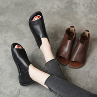 British Genuine Leather Slip On Peep Toe Sandals Flat