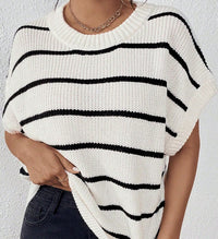 Striped Wool Round Neck Contrast Drop Shoulder Sweater With Short Sleeves