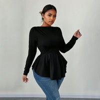 Irregular Hem Pleated Waist-cinching Long-sleeved Sexy Top