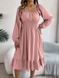 Women's Casual Solid Color Square Neck Long Sleeve Tie Waist Ruffle A-Line Dress