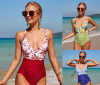 New Ladies One Piece Print Deep V Cross Bikini Swimsuit