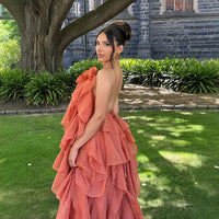 Three-dimensional Floral Halter-neck Backless Ruffled Maxi Dress