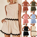 Summer Two-Piece Set Linen Lace-trimmed Crew-neck Tank Top And Short Pants