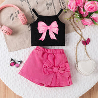 Sweet Cool Female Children's Suit Children Bow Print Sling Irregular Pantskirt