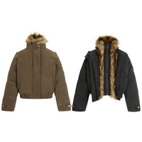Men's Zhu Shan Diao PU Leather Jacket Puffer Jacket Fur-collar Coat Faux Two-piece Cotton