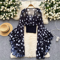 Womens Sheer Cross V-Neck Waist-Cinched Flare-Sleeve Polka-Dot Top