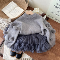 Girls' Pullover Spring And Autumn New Children's Western Style Baby Girl Pink Lantern Sleeve Fur Ball Sweater