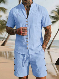 Stand-collar Solid-color Short-sleeve Shirt Set