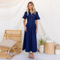 Elegant Waist Cinched Womens Denim Swing Dress With Short Sleeves