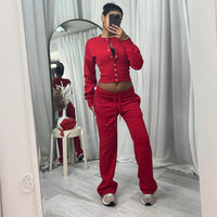 Springautumn New Casual Set Solid Color Buttoned Up