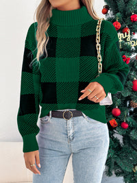Casual Color Block Plaid Lantern Sleeve High Neck Sweater