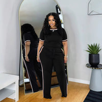 European And American SpringSummer Fashion Womens Trendy Patchwork Ribbed Contrasting Color Casual Two-Piece Set