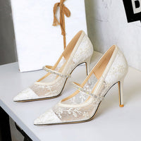 Mesh Rhinestone Pearl Single Strap Stiletto Heels