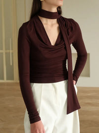 Ribbon V-neck Scarf Long-sleeved Base Shirt
