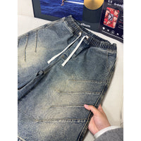 Washed Wrinkle-Effect Denim Shorts Mens Casual Mid-Length Pants