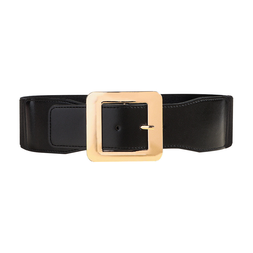 Retro Women's Metal Square Buckle Elastic Elastic Belt Simple Black Needle Buckle Everything Wide Waist Seal Senior Belt