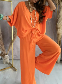 V-neck Batwing-sleeve Top And Loose Wide-leg Pants Solid-color Casual Womens Set