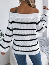 Casual Striped Off-Shoulder Lantern Sleeve Pullover Sweater