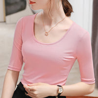 Women's Elegant Scoop Mesh T-shirt Solid Color Waist Stretch Top