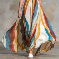 2-Wave Striped Sleeveless Maxi Dress With A Deep V-Neck And Off-the-Shoulder Design