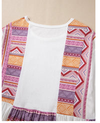 White Western Aztec Print Patchwork Ruffled Tunic Long Sleeve Babydoll Top