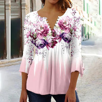 Women's Floral Printed 34 Sleeves V-neck Buttons Shirt