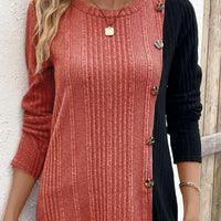 Solid Color Round Neck Sunken Stripe Brushed Slit Contrast Color Fashion Buttons
