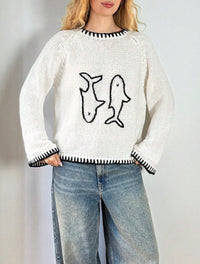 Color-block Crew-neck Retro Embroidered Loose-fitting Pullover Sweater