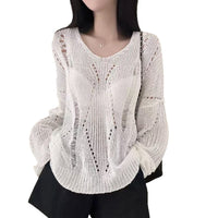 Hollow-out Ice Silk Thin Long Sleeve Mid-length V-neck Sweater