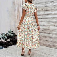 Elegant Printed Floral V-Neck Short-Sleeve Waist-Cinching Dress