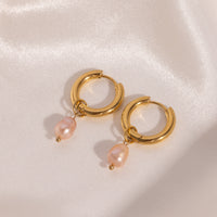Stylish 18K Gold Stainless Steel Pearl Pendant Earrings