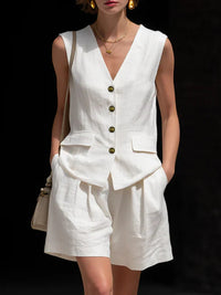 Womens Simple Elegant Cotton-Linen Vest Top And Shorts Two-Piece Set