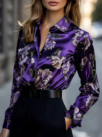 Womens Retro Printed Satin Long-Sleeve Shirt