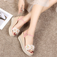 Muffin Wedge Beaded Flower Buckle Sandals