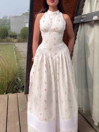 White Floral Print Turtleneck Sleeveless Waist-Cinched Maxi Dress