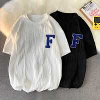 Ice Silk Short Sleeve Men's Towel Embroidery Couple Pleated Striped T-shirt