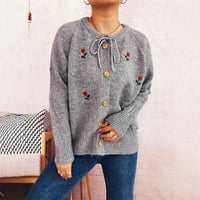 Flower Embroidery Bow Bandage Knitted Cardigan Single-breasted Sweater